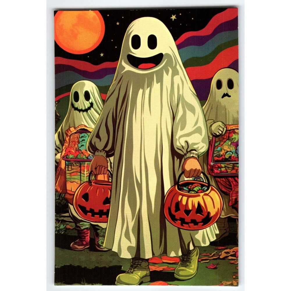 Vintage Halloween Postcard Photochrome Ghosts with Jack-o'-Lanterns 6x4
